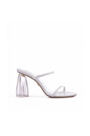 House of Atana Fiorellini glass white patent block heel sandals with glossy finish and comfortable ankle straps.