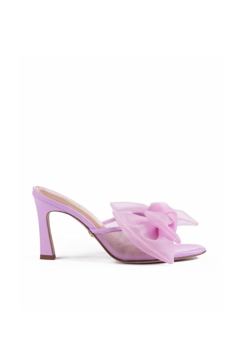 Violet bow mules sandals by House of Atana with a stylish bow detail and open-toe design.