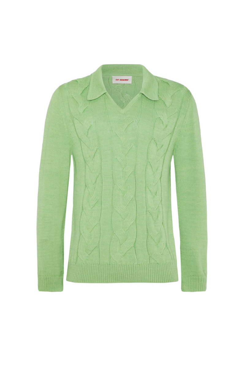 La Granni mint green knitted cables sweater, cozy sweater with a textured cable knit pattern, perfect for casual wear.