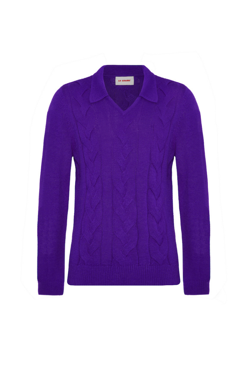 Purple knitted sweater from La Granni featuring cable knit design, soft texture, and a cozy fit.