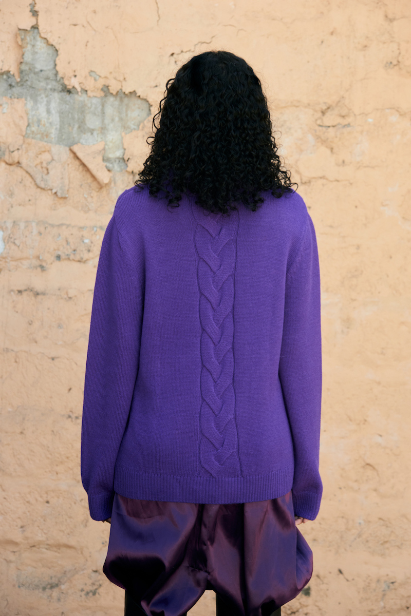 La Granni purple knitted cable jumper sweater, cozy and stylish, shown in a close-up view.