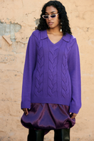 Purple knitted jumper sweater by La Granni with cable knit design, soft and cozy, shown in XS size.
