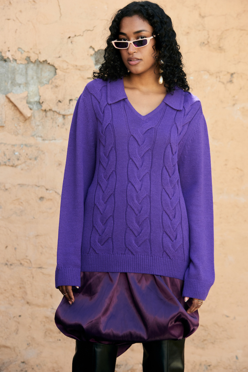 Purple knitted jumper sweater by La Granni with cable knit design, soft and cozy, shown in XS size.