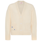 Cream knitted cardigan by La Granni, featuring a cozy, textured design, displayed on a hanger with a soft background.