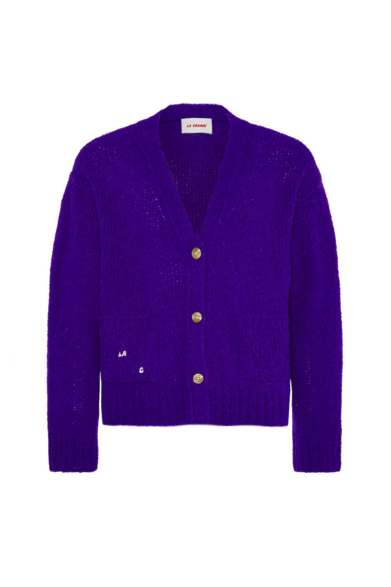 La Granni purple knitted cardigan for women, featuring a cozy design and button-up front, displayed on a white background.