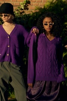 Purple knitted La G cardigan by La Granni, showing the cozy, button-up design and textured fabric in XS size.