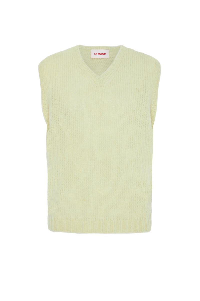 La Sierra knitted pistachio vest by La Granni, featuring a cozy knitwear design in soft pistachio color, size XS.