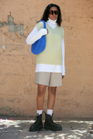 Light green La Sierra knitted pistachio vest by La Granni, featuring a cozy knitwear design, shown in size XS.