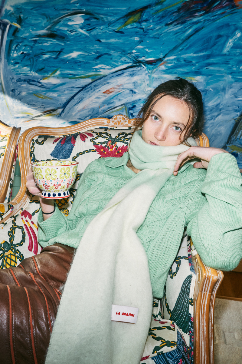 La Granni knitted scarf in pistachio and mint, soft, cozy scarf with a textured pattern, perfect for cooler days.