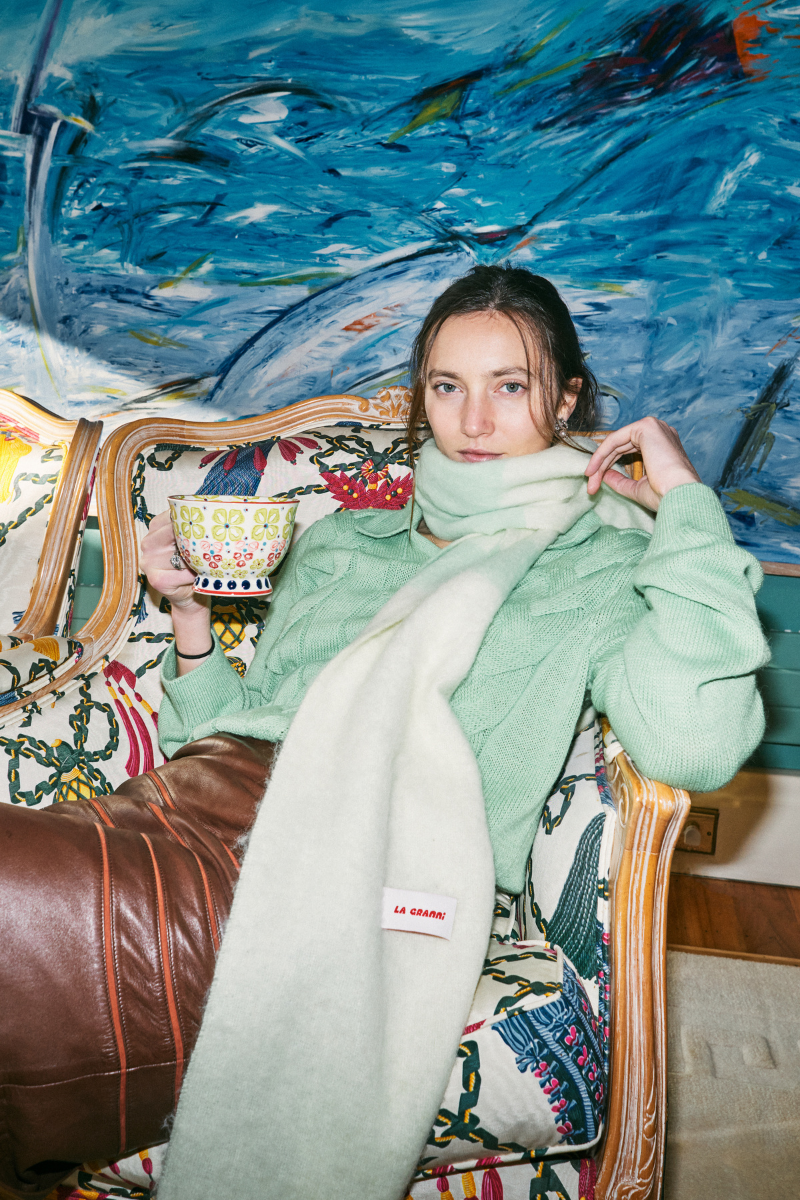 Knitted pistachio and mint scarf from La Granni, soft and cozy scarves & shawls in one size, featuring intricate knit pattern.