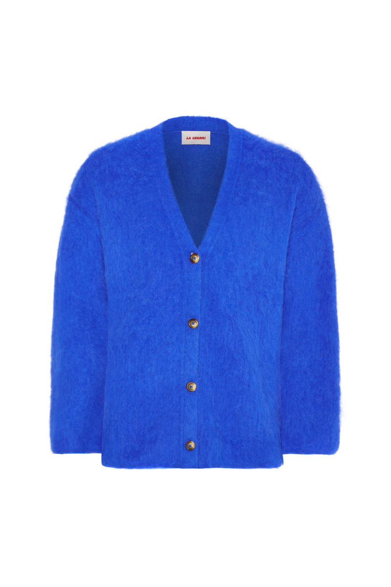 Blue knitted SURI cardigan by La Granni, featuring a cozy design, button-up front, and ribbed cuffs, size EU 36, XS.