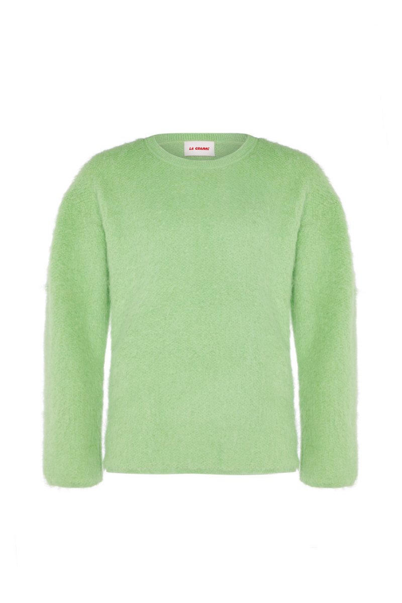 La Granni SURI knitted mint crewneck sweater displayed on a model, showcasing soft knit fabric and classic crewneck design.