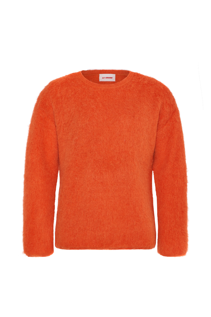 La Granni SURI knitted orange crewneck sweater, cozy long-sleeve pullover in vibrant orange, XS size, textured knit fabric.