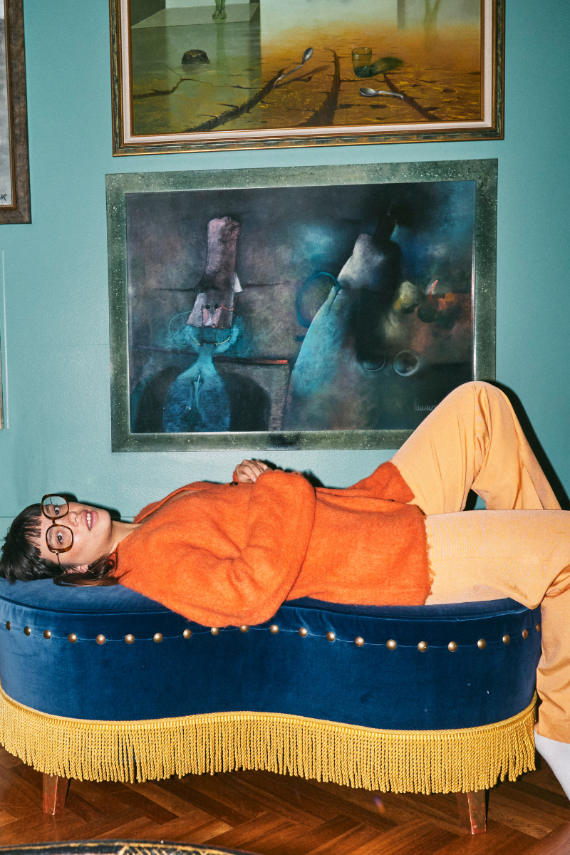 Orange La Granni SURI knitted crewneck sweater featuring a cozy, textured knit fabric and classic crewneck design.