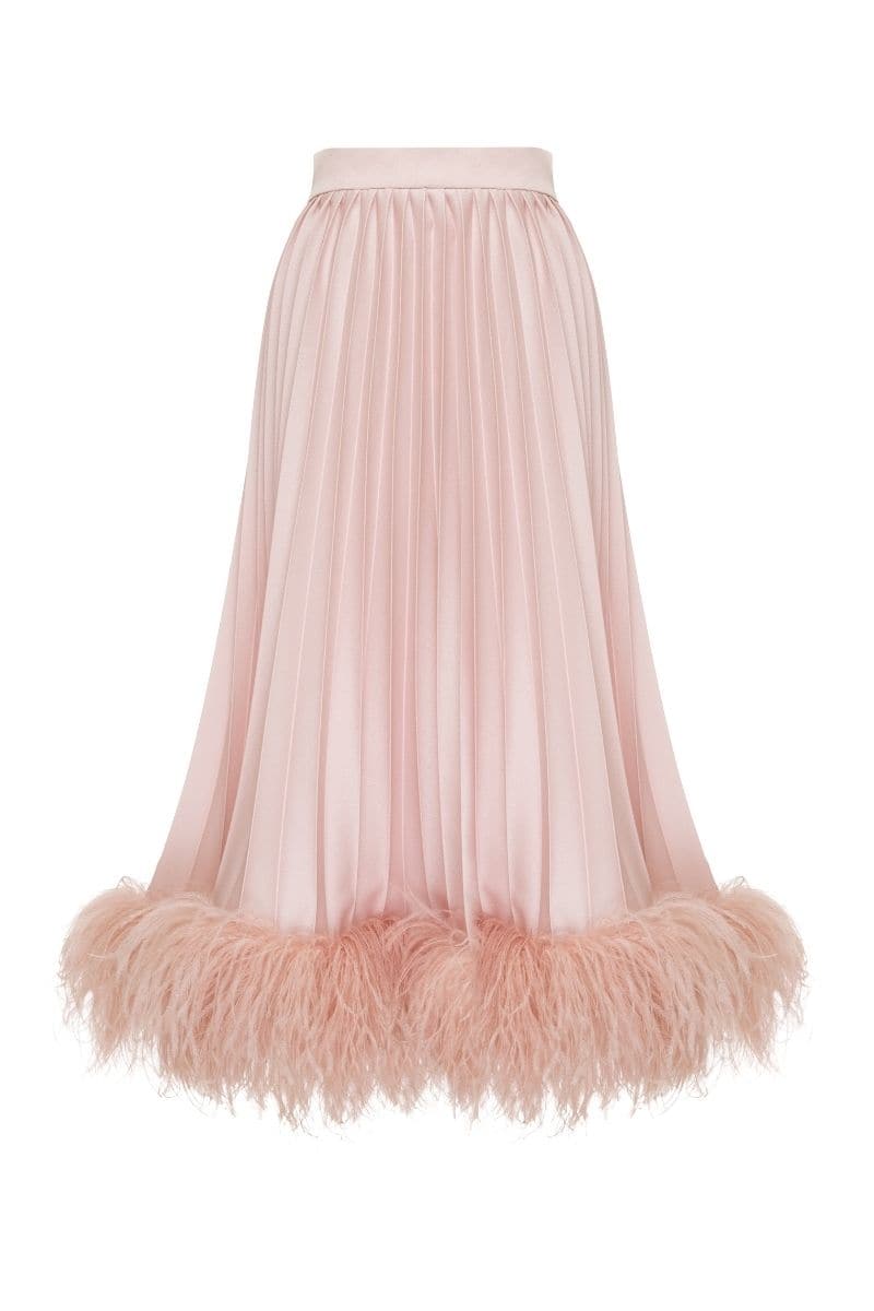 Baby pink cotton maxi skirt with feather trim from Lalo, featuring a flowing design and soft fabric for stylish comfort.