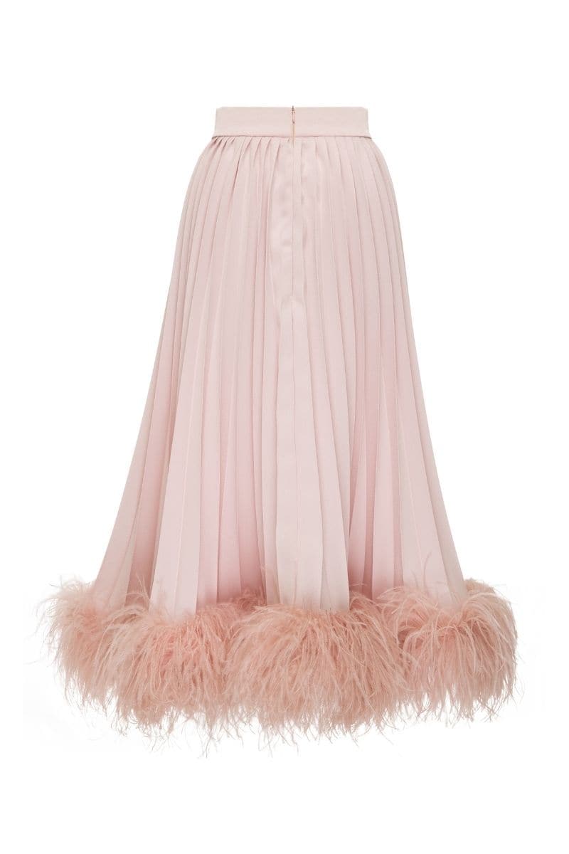 Baby pink cotton maxi skirt with feather trim from Lalo, featuring a flowy design and soft fabric suitable for young children.