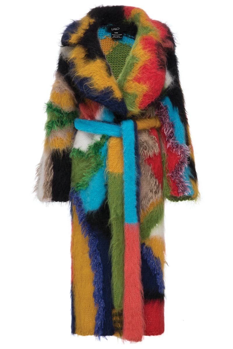 Lalo belted mohair coat featuring a relaxed fit and soft textured fabric, displayed on a neutral background.