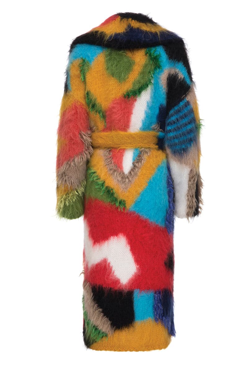 Lalo belted mohair coat showcasing a stylish, long coat with a belt, soft texture, and elegant design.