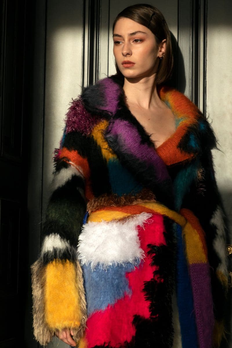 Lalo belted pink mohair coat, stylish women's outerwear featuring a tie waist and soft, textured fabric.