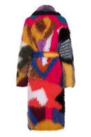 Lalo belted pink mohair coat shown on model, lightweight and stylish winter outerwear with a waist belt and soft texture.