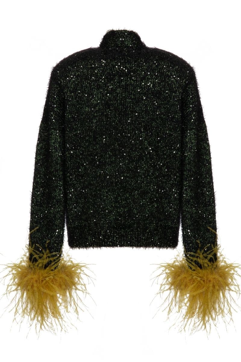 BLACK WOOL-BLEND CARDIGAN WITH MUSTARD FEATHER-DETAILING | Lalo | CULT MIA