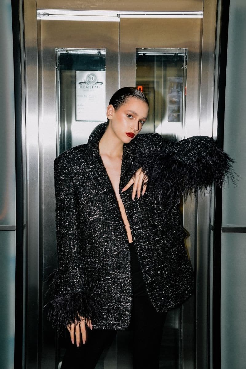 BLACK WOOL-BLEND JACKET WITH FEATHER-DETAILING | Lalo | CULT MIA