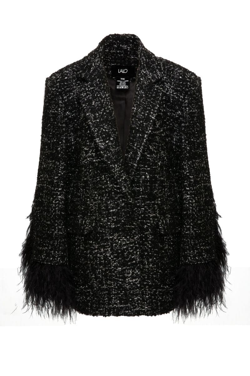 BLACK WOOL-BLEND JACKET WITH FEATHER-DETAILING | Lalo | CULT MIA