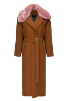 Lalo brown belted wool coat with neck fleece, stylish and warm, shown on a model with front view and belt tied at waist.