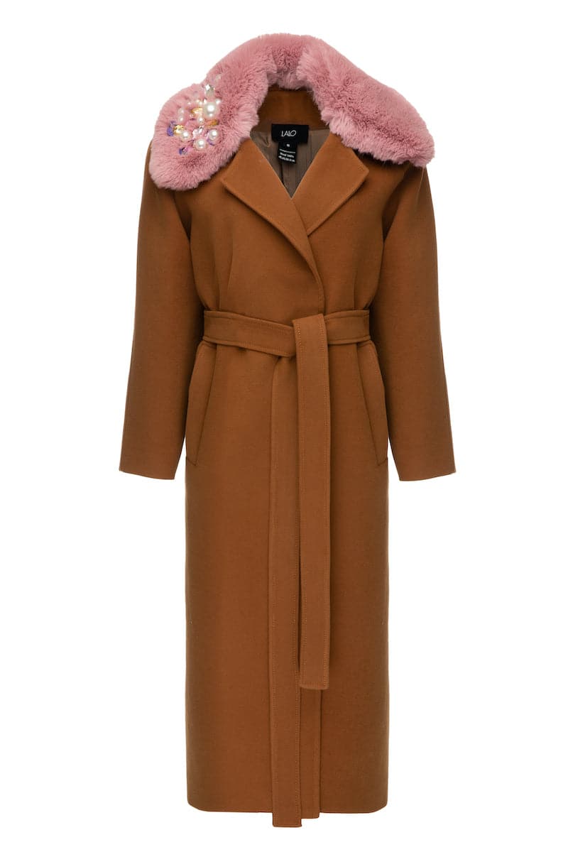 Lalo brown belted wool coat with neck fleece, stylish and warm, shown on a model with front view and belt tied at waist.