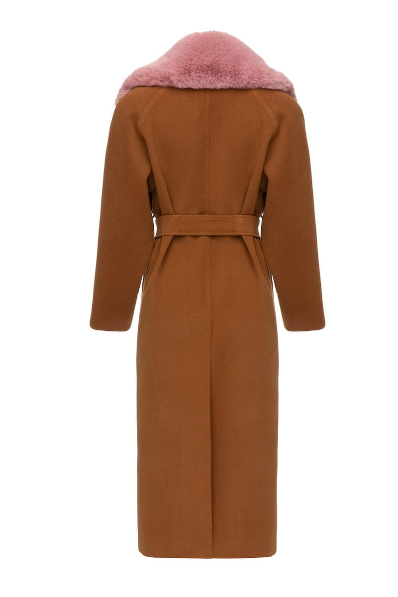 Lalo brown belted wool coat with neck fleece, front view showing the coat's tailored fit and cozy fleece collar.