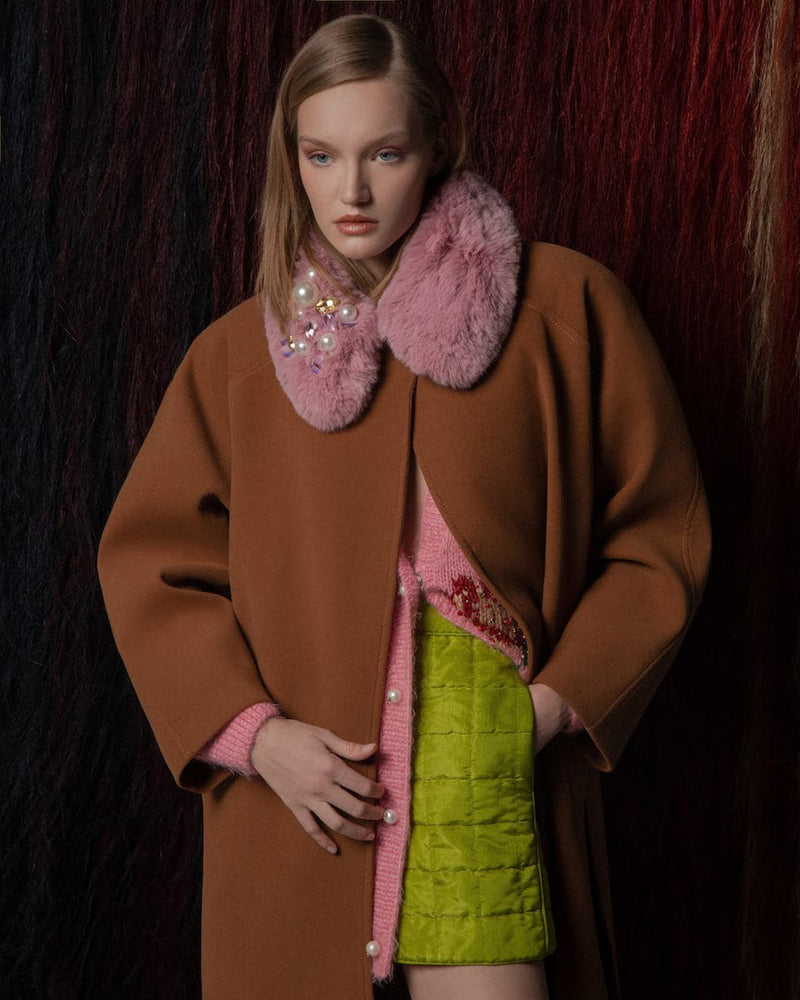 BROWN BELTED WOOL COAT WITH NECK FLEECE | Lalo | CULT MIA