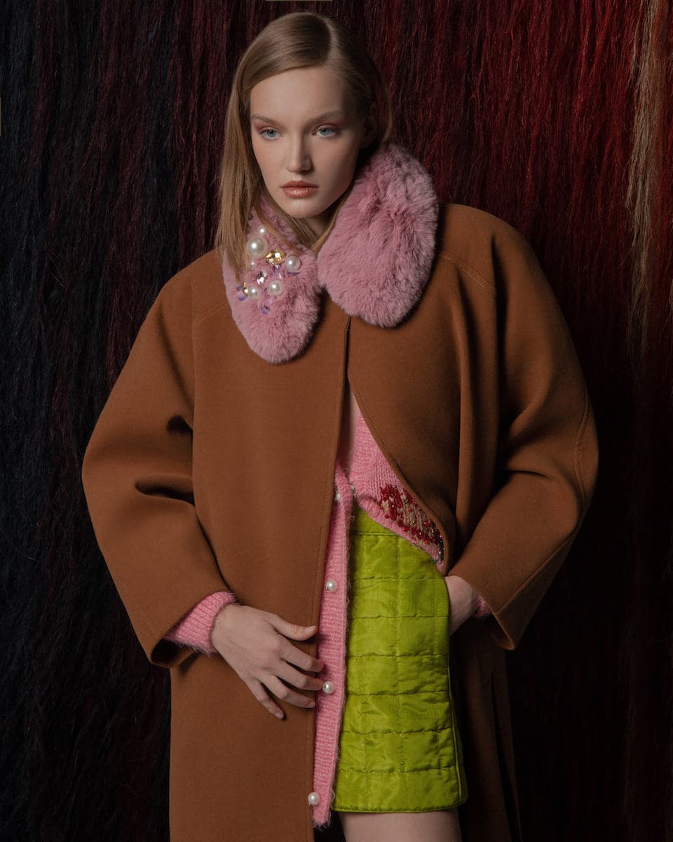 Lalo brown belted wool coat with neck fleece and long sleeves, stylish winter outerwear for cold weather.