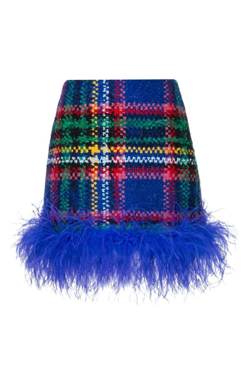 Blue checkered mini skirt by Lalo with feather trim, showcasing a stylish short skirt with vibrant pattern and decorative feather details.