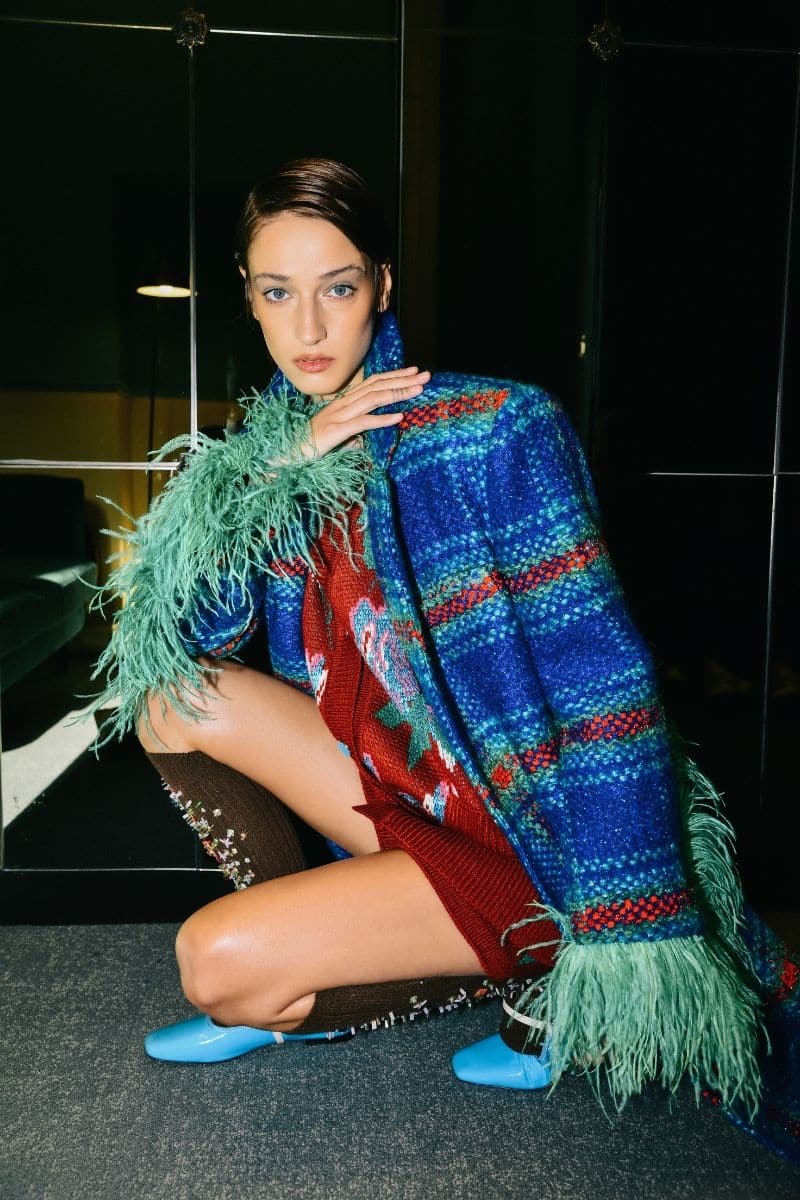 CHECKERED BLUE WOOL AND MOHAIR-BLEND COAT | Lalo | CULT MIA
