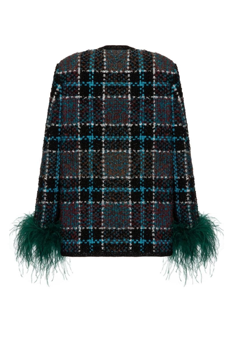 CHECKERED BLUE WOOL-BLEND JACKET WITH GREEN FEATHER-DETAILING | Lalo | CULT MIA