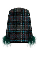 Lalo checkered blue wool-blend jacket with green feather detailing, lightweight and stylish for casual wear.