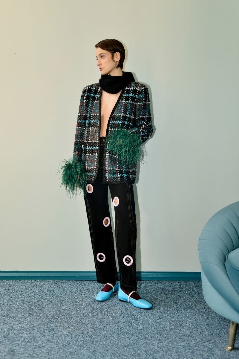 CHECKERED BLUE WOOL-BLEND JACKET WITH GREEN FEATHER-DETAILING | Lalo | CULT MIA