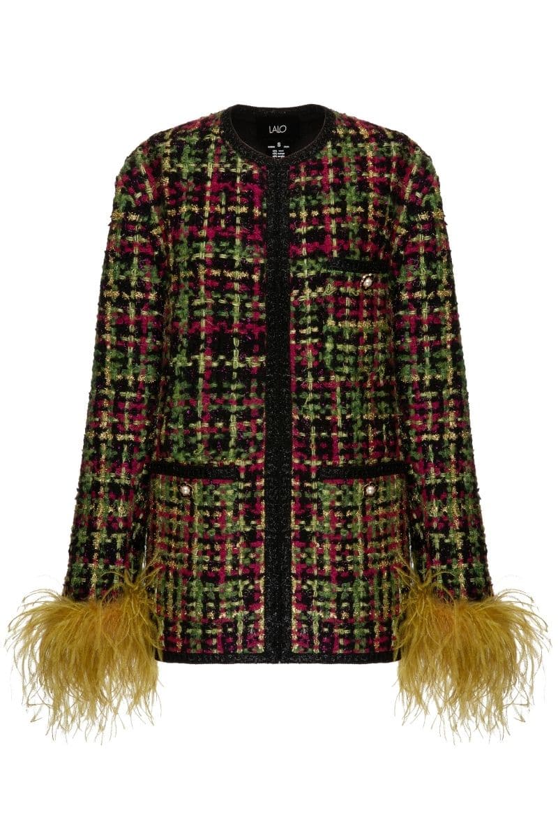 CHECKERED RED WOOL-BLEND JACKET WITH FEATHER-DETAILING | Lalo | CULT MIA