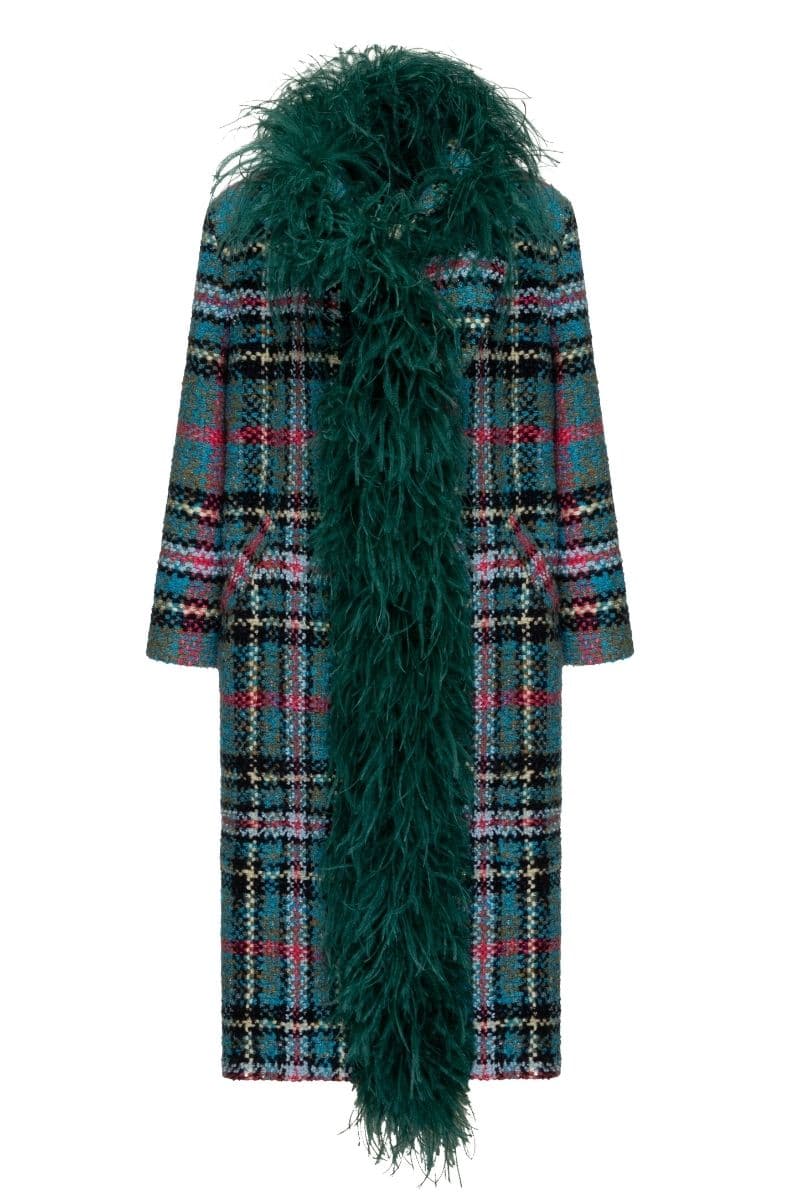Lalo checkered tweed boa green coat, XS size, featuring a classic pattern and cozy design perfect for stylish cold weather wear.