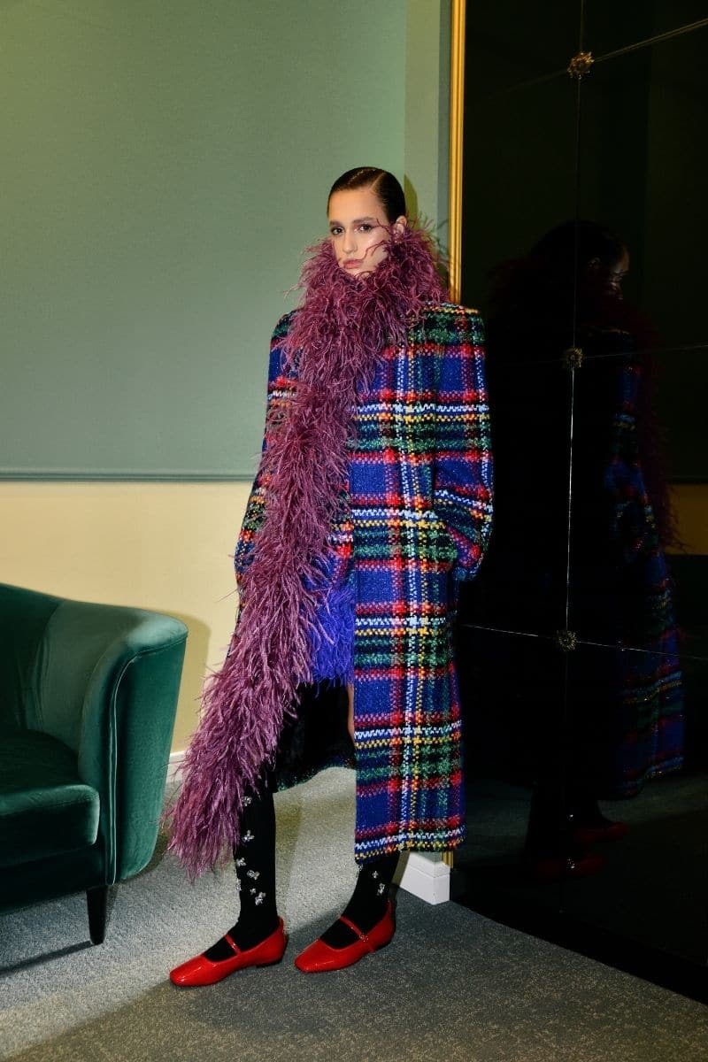 Lalo checkered tweed boa purple coat for women, featuring classic pattern, tailored fit, and cozy fabric for stylish warmth.
