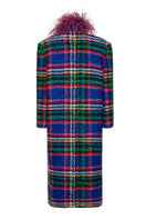 Lalo checkered tweed boa purple coat for women, front view showing tailored design and textured fabric in XS size.