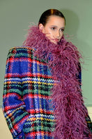 Lalo checkered tweed boa purple coat for women, featuring a stylish pattern and cozy design, shown in size XS.