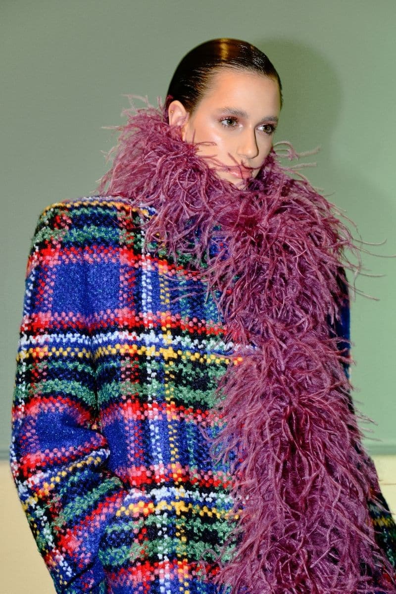 Lalo checkered tweed boa purple coat for women, featuring a stylish pattern and cozy design, shown in size XS.