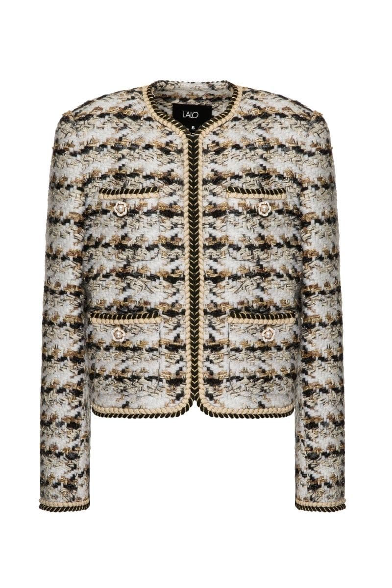 CHECKERED WHITE WOOL-BLEND CROPPED JACKET | Lalo | CULT MIA