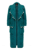 Teal CULT MIA X LALO pearl-embroidered mohair coat with intricate embroidery, featuring a cozy, luxurious design.