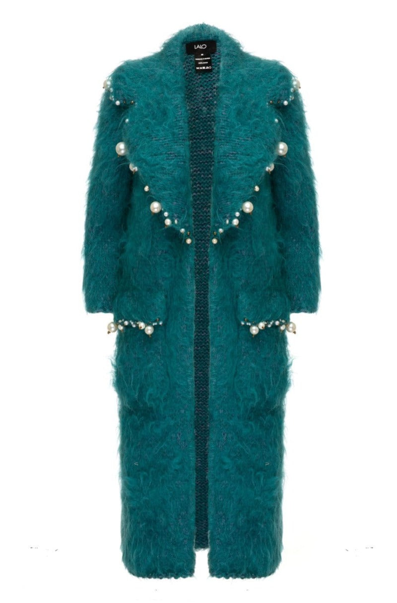 Teal CULT MIA X LALO pearl-embroidered mohair coat with intricate embroidery, featuring a cozy, luxurious design.