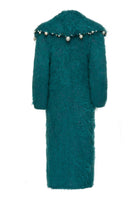 Teal CULT MIA X LALO pearl embroidered mohair coat, showcasing intricate embroidery and soft textured fabric, XS size.