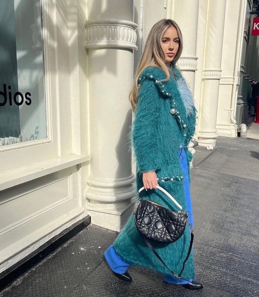Teal Cult Mia X Lalo pearl-embroidered mohair coat with intricate embroidery, cozy and stylish outerwear for cold weather.