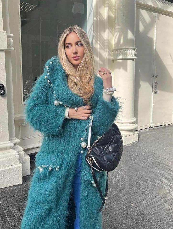 Teal CULT MIA X LALO pearl-embroidered mohair coat, showcasing intricate embroidery and luxurious texture in a stylish design.