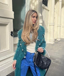 Teal CULT MIA X LALO pearl embroidered mohair coat with intricate embroidery, stylish and warm for cold weather.